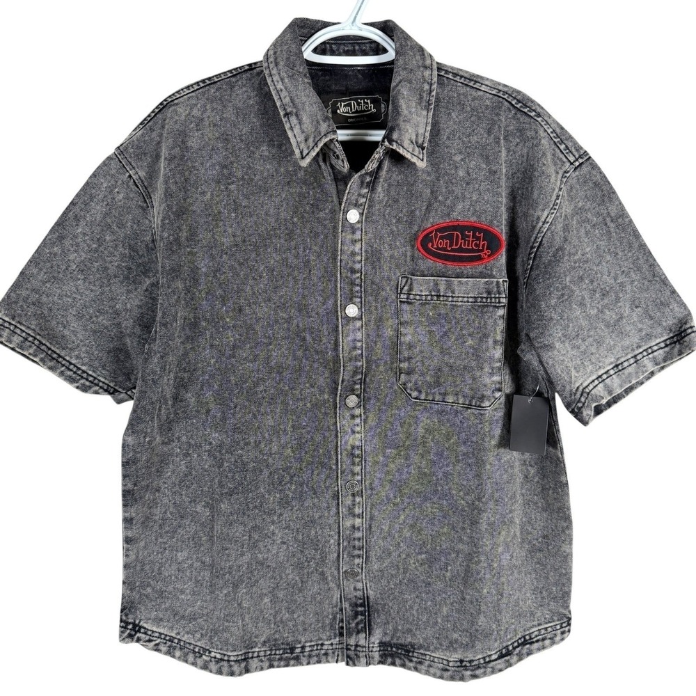 Von Dutch Denim Shirt Snaps Mens XL Gray Acid Wash Short Sleeve Logo Patch Y2K
